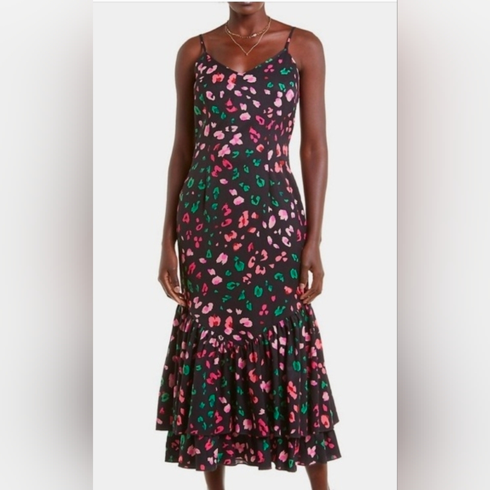 Never Fully Dressed Black Midi Slip Dress with Pink & Green Leopard Print